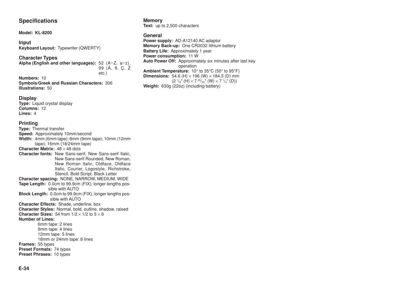 Specifications | Casio KL-8200 User Manual | Page 35 / 36