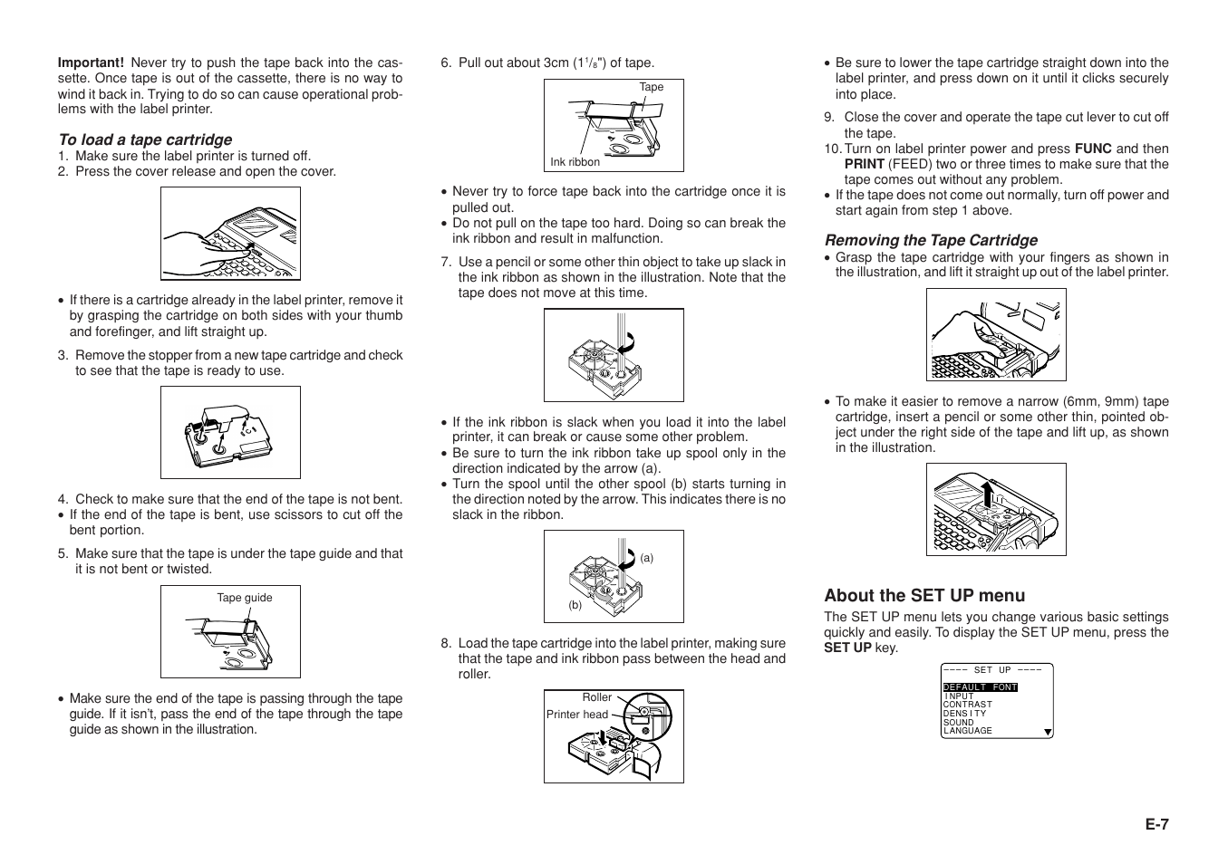 About the set up menu, Removing the tape cartridge | Casio KL-8200 User Manual | Page 8 / 36