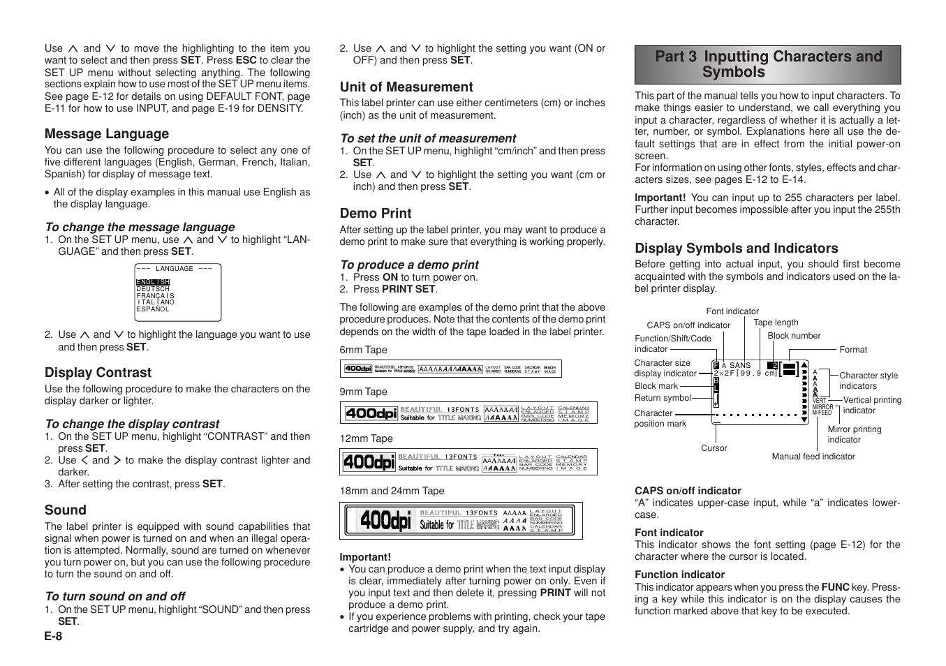 Part 3 inputting characters and symbols, Message language, Display contrast | Sound, Unit of measurement, Demo print, Display symbols and indicators | Casio KL-8200 User Manual | Page 9 / 36