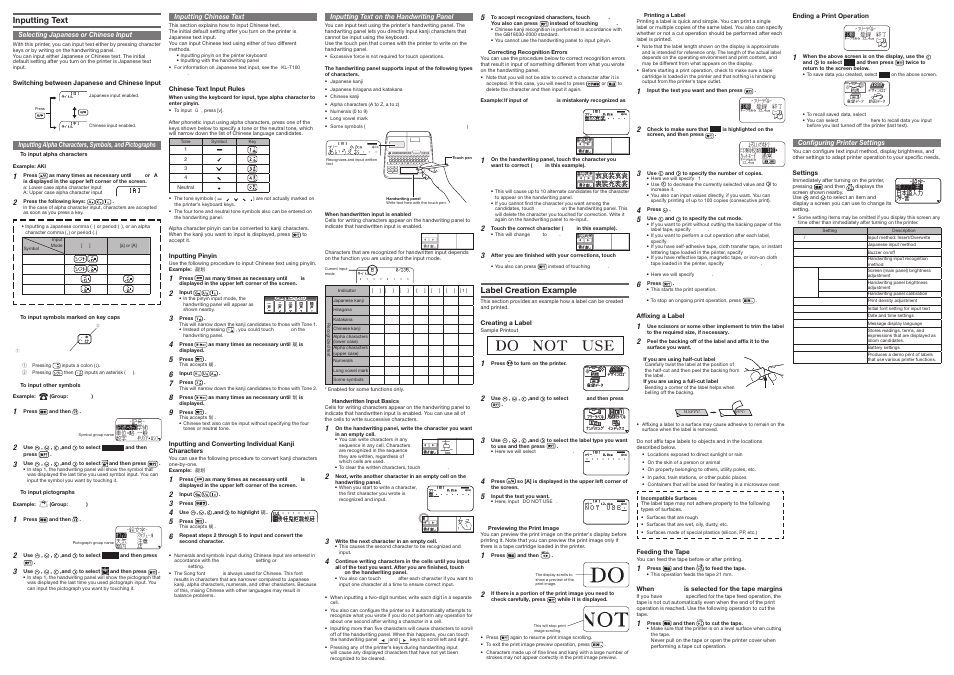 Inputting text, Label creation example, Inputting text on the handwriting panel | Confi guring printer settings, Selecting japanese or chinese input, Inputting chinese text | Casio KL-T100 User Manual | Page 4 / 4