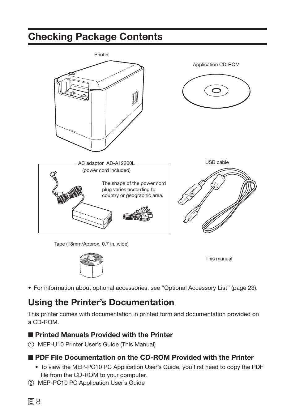 Checking package contents, Using the printer’s documentation | Casio MEP-U10 User Manual | Page 10 / 30