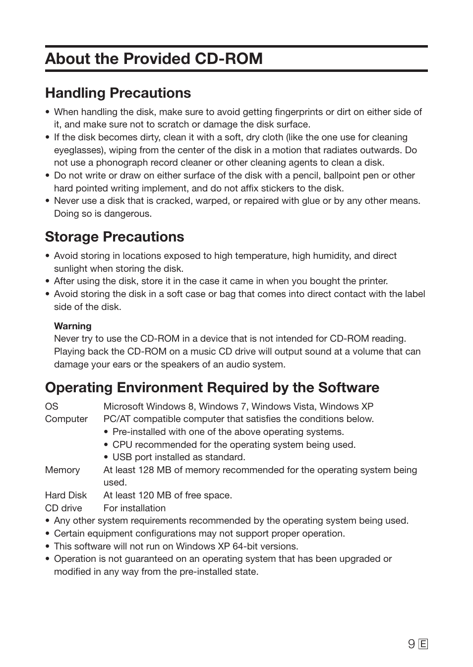 About the provided cd-rom, Handling precautions, Storage precautions | Operating environment required by the software | Casio MEP-U10 User Manual | Page 11 / 30