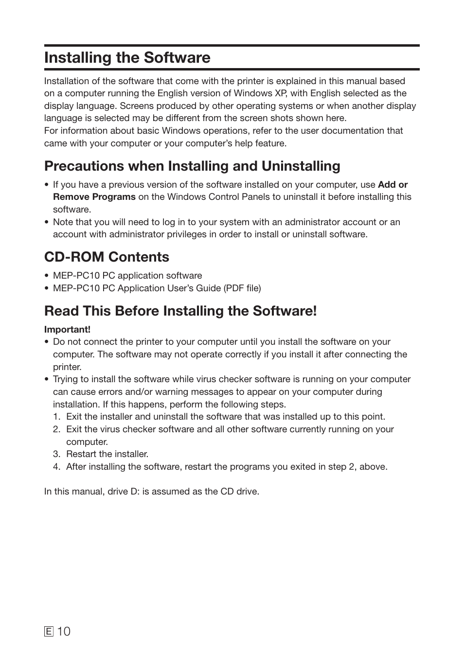 Installing the software, Precautions when installing and uninstalling, Cd-rom contents | Read this before installing the software | Casio MEP-U10 User Manual | Page 12 / 30