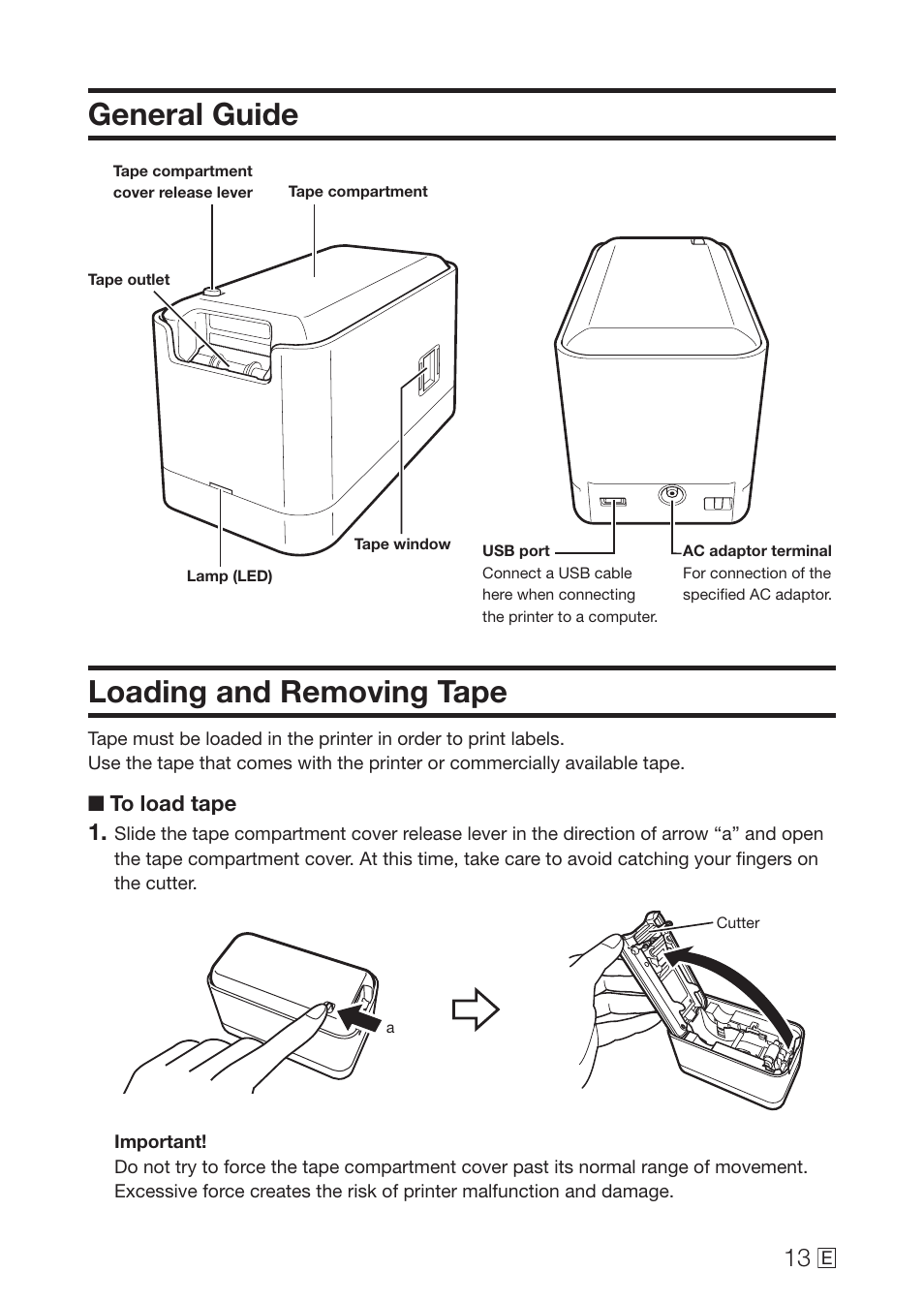 General guide, Loading and removing tape | Casio MEP-U10 User Manual | Page 15 / 30