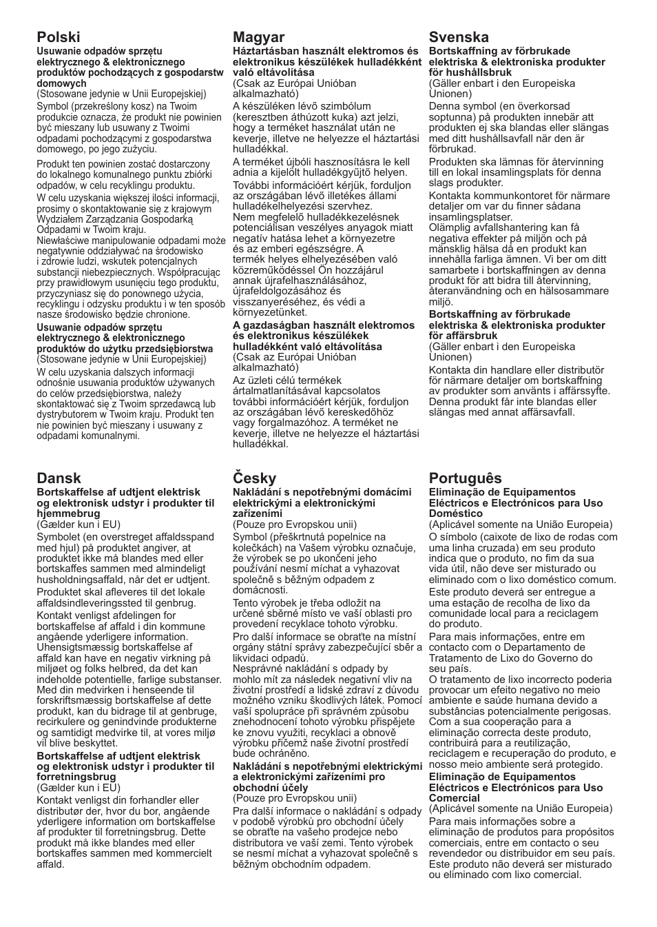 Polski, Magyar, Svenska | Português, Dansk, Ýesky | Casio MEP-U10 User Manual | Page 27 / 30