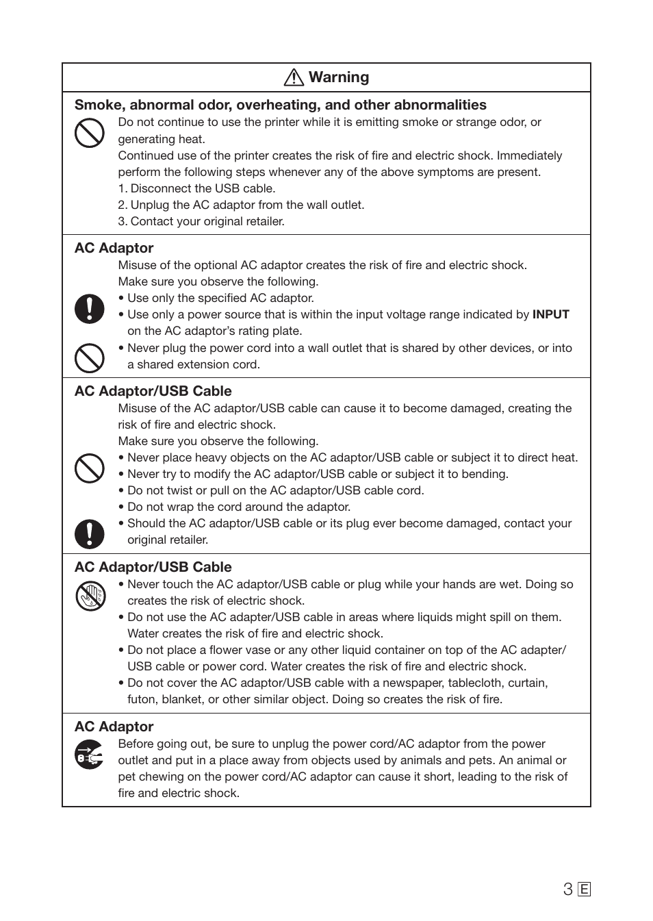 Warning | Casio MEP-U10 User Manual | Page 5 / 30