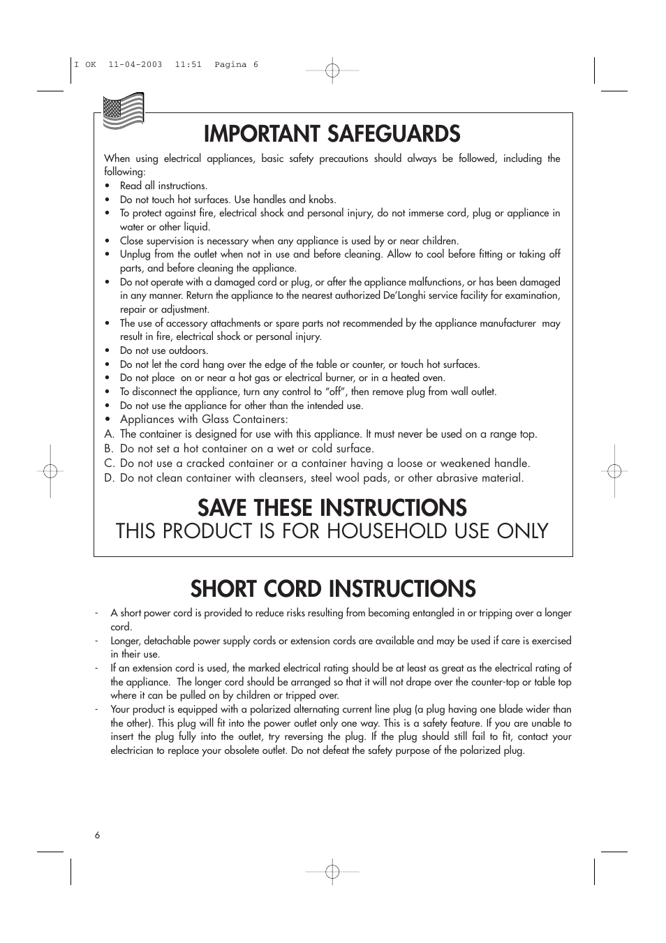 Important safeguards, Save these instructions, Short cord instructions | This product is for household use only | DeLonghi BCO264B User Manual | Page 6 / 14