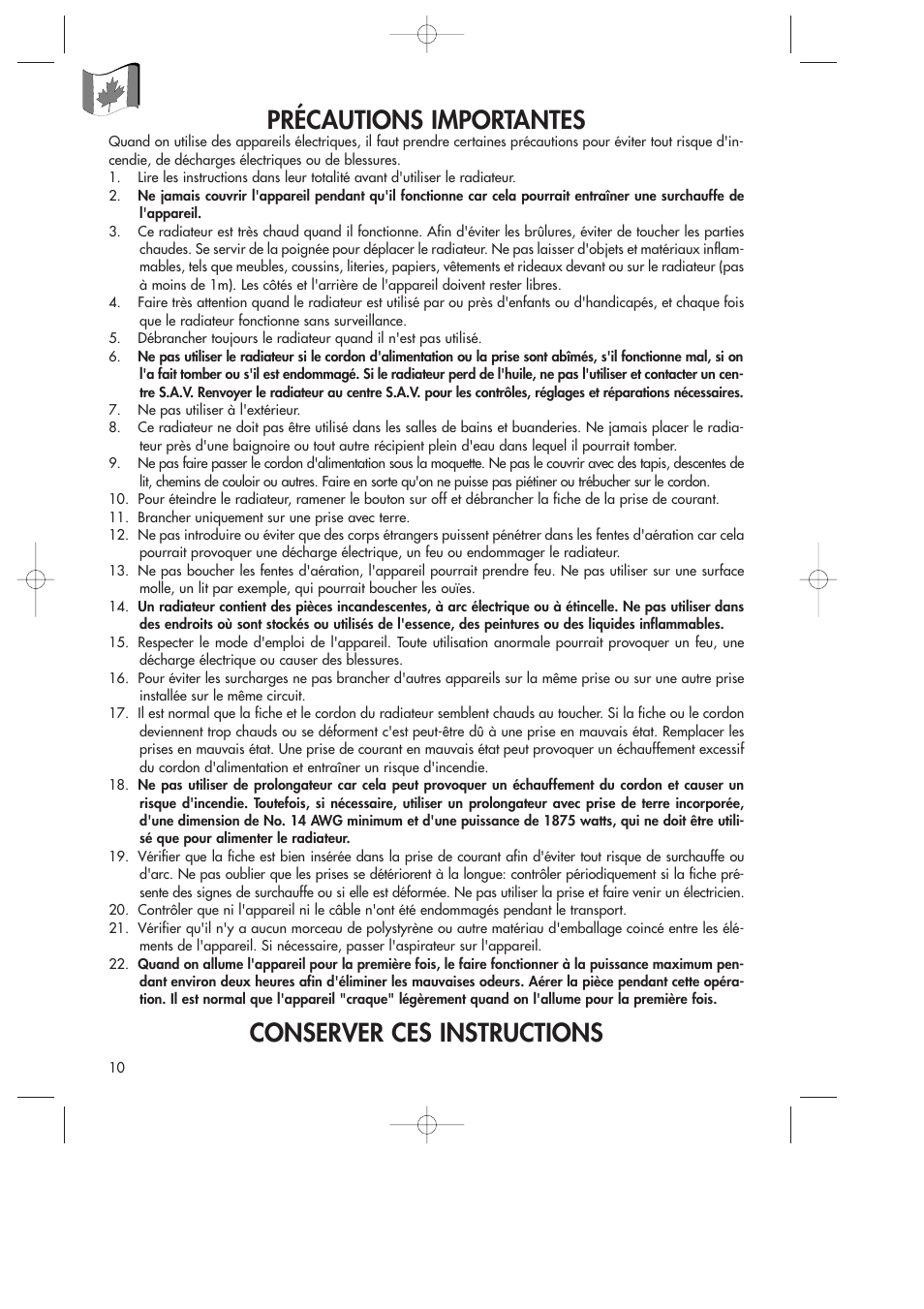 Précautions importantes, Conserver ces instructions | DeLonghi DR18TG User Manual | Page 10 / 24