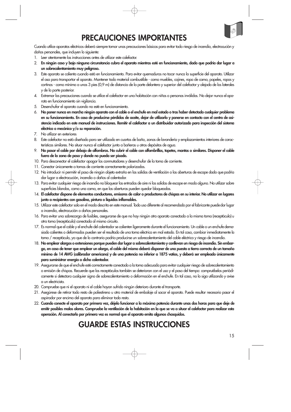 Precauciones importantes, Guarde estas instrucciones | DeLonghi DR18TG User Manual | Page 15 / 24