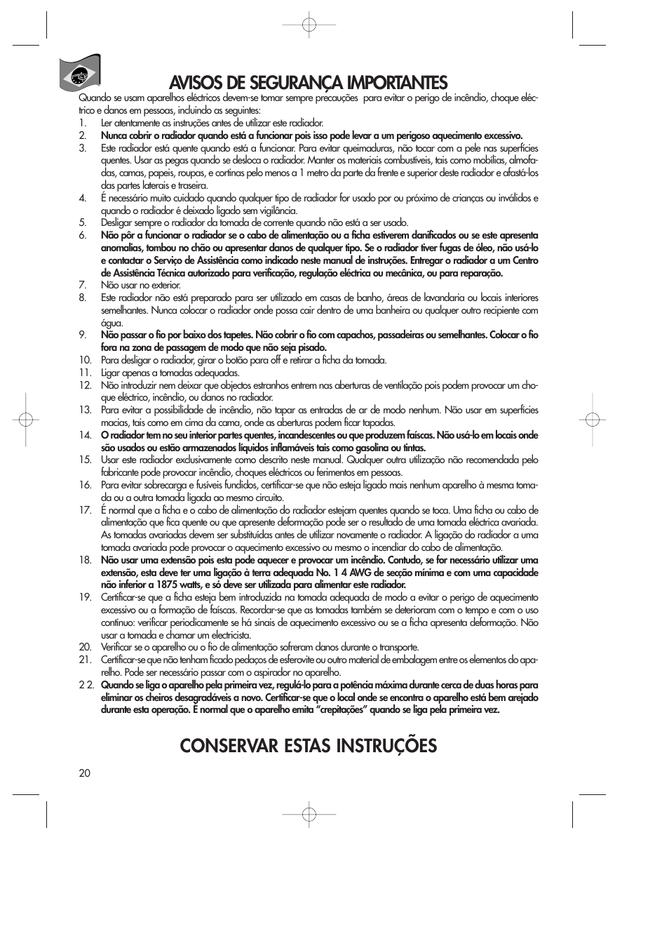 Avisos de segurança importantes, Conservar estas instruções | DeLonghi DR18TG User Manual | Page 20 / 24