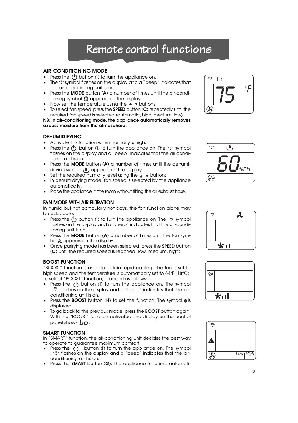 Remote control functions | DeLonghi PINGUINO PAC T110P User Manual | Page 13 / 19