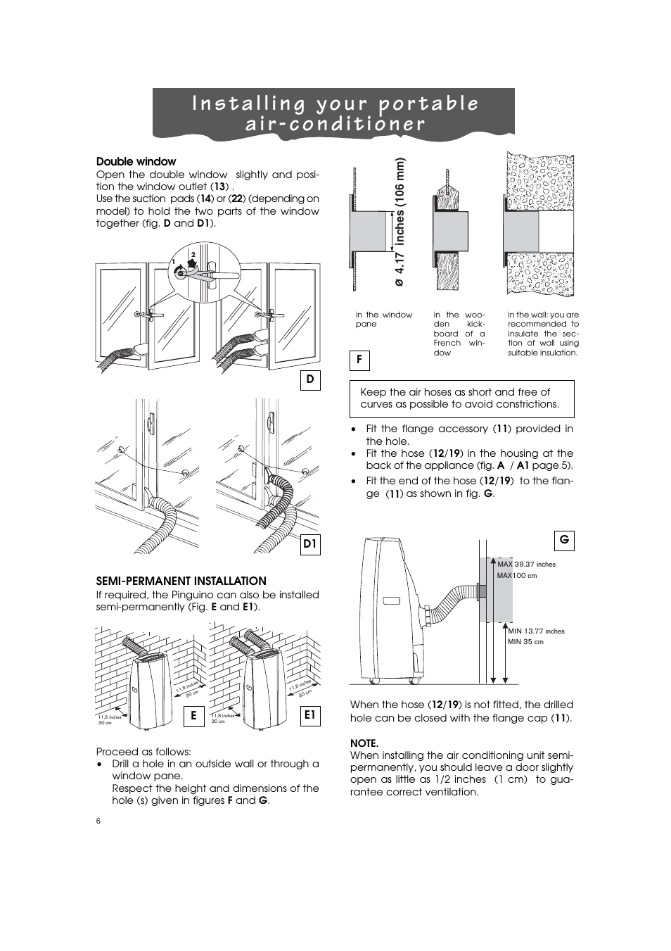 Semi-permanent installation, E1 e double window | DeLonghi PINGUINO PAC T110P User Manual | Page 6 / 19