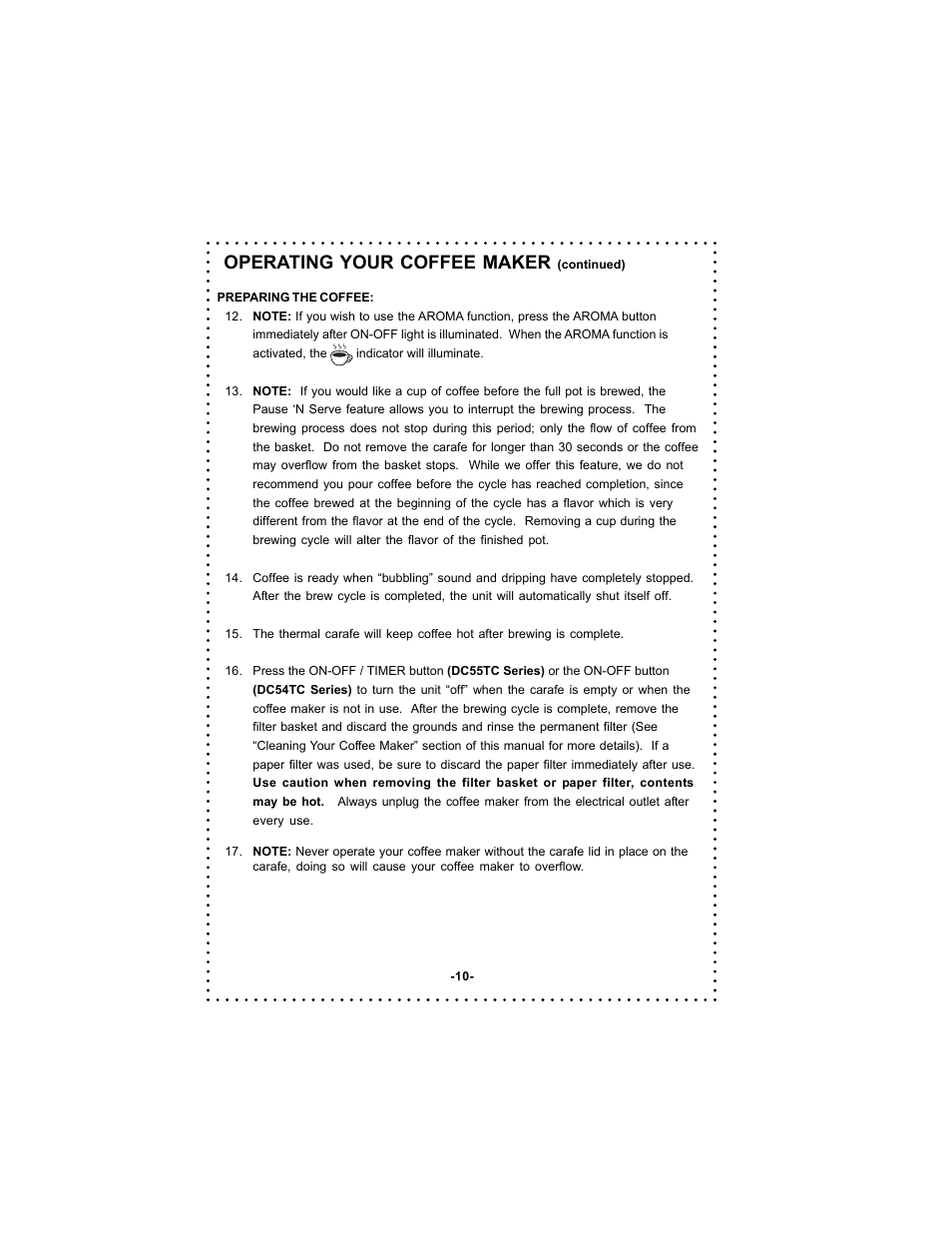 Operating your coffee maker | DeLonghi DC54TC Series User Manual | Page 10 / 50