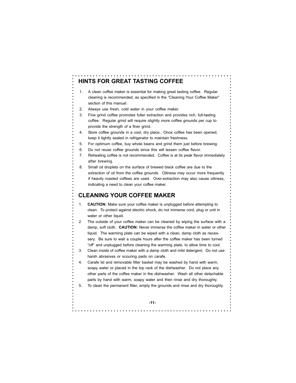 Hints for great tasting coffee, Cleaning your coffee maker | DeLonghi DC54TC Series User Manual | Page 11 / 50