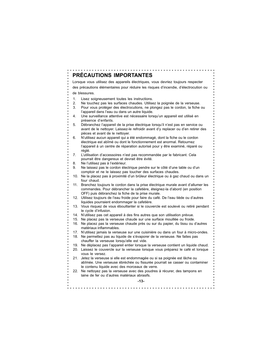 Précautions importantes | DeLonghi DC54TC Series User Manual | Page 13 / 50