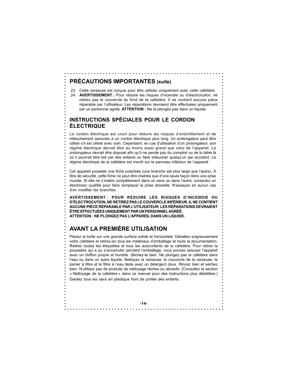 Précautions importantes, Avant la première utilisation | DeLonghi DC54TC Series User Manual | Page 14 / 50