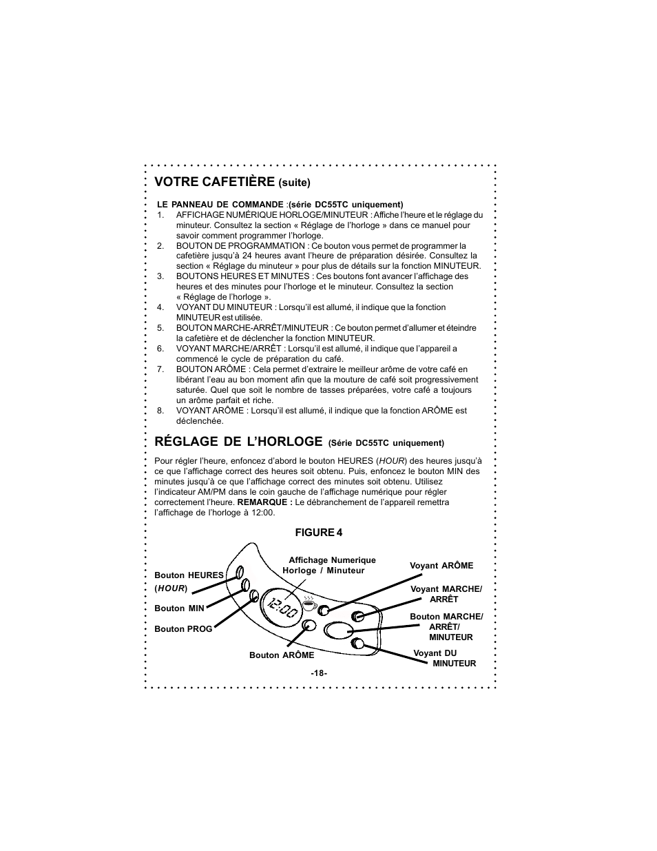 Votre cafetière, Réglage de l’horloge | DeLonghi DC54TC Series User Manual | Page 18 / 50