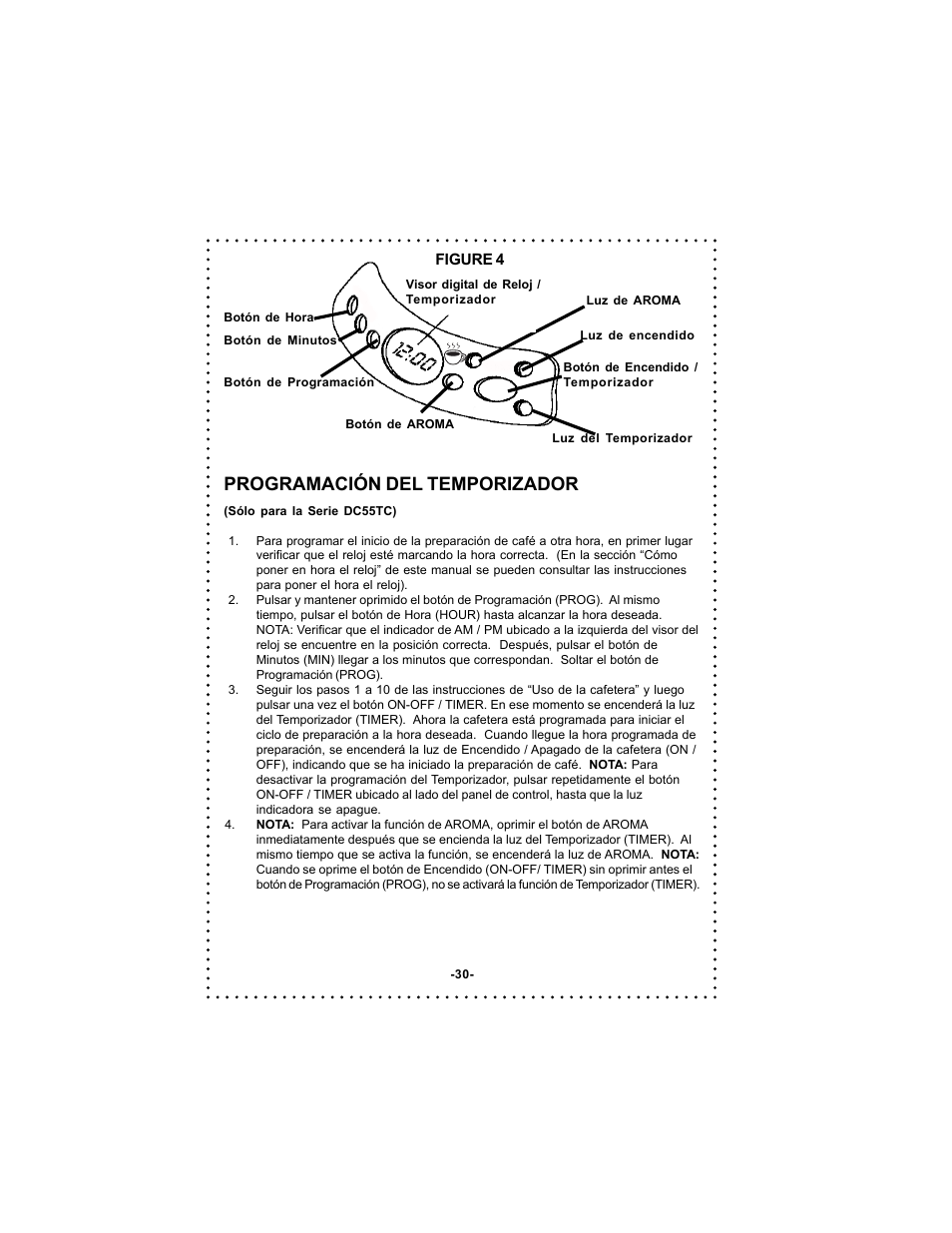 Programación del temporizador | DeLonghi DC54TC Series User Manual | Page 30 / 50