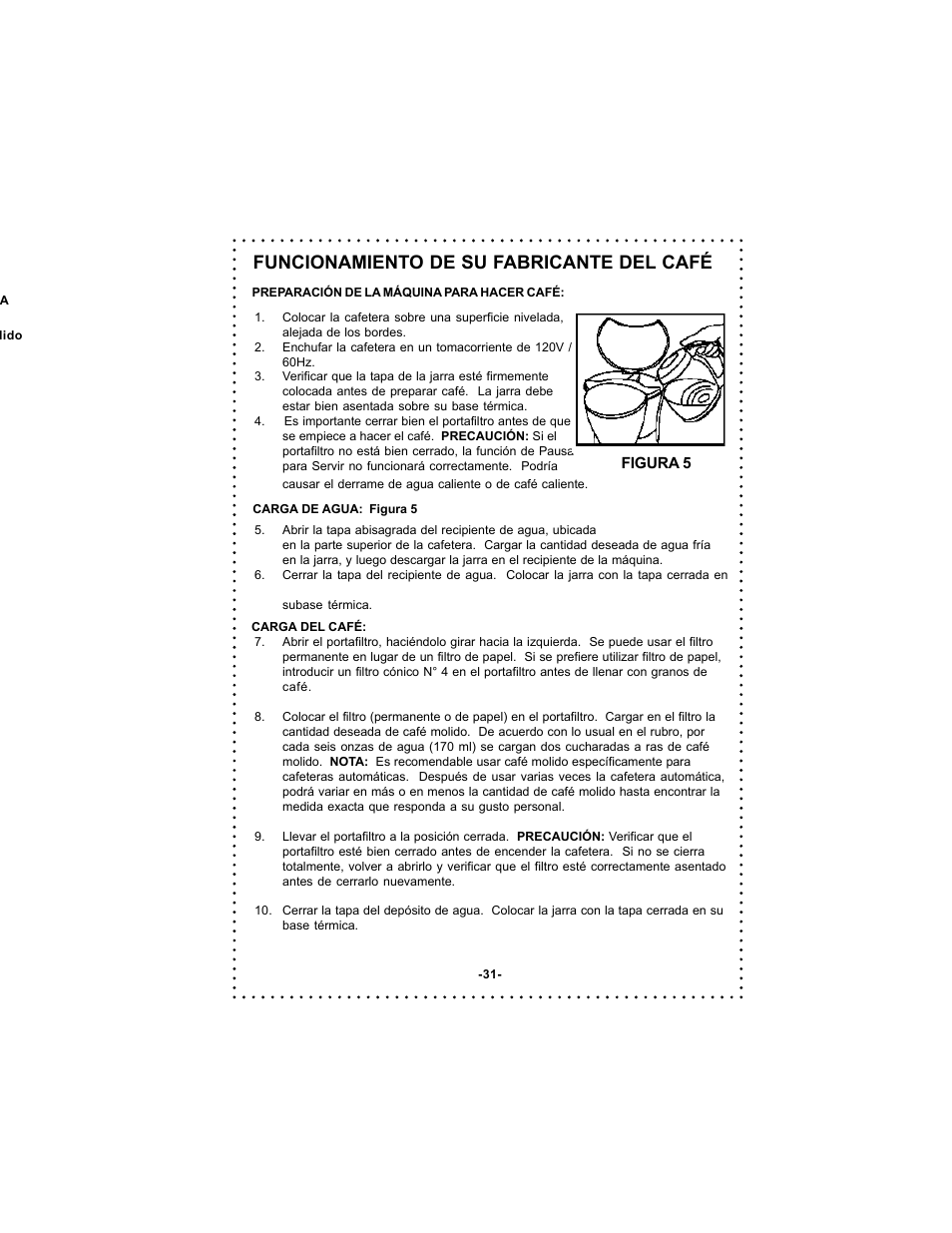 Funcionamiento de su fabricante del café | DeLonghi DC54TC Series User Manual | Page 31 / 50