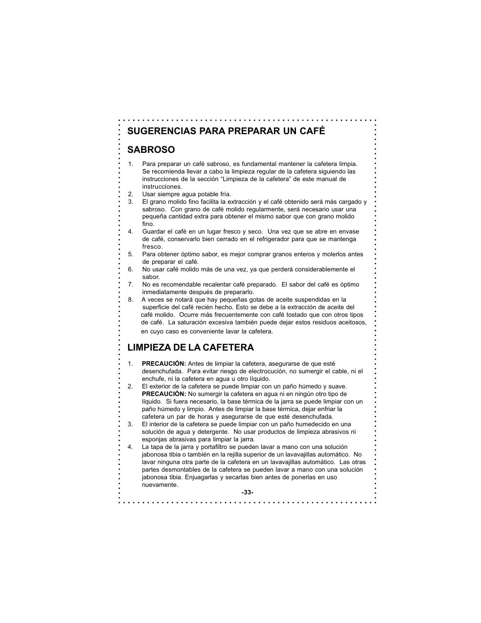 Sugerencias para preparar un café sabroso, Limpieza de la cafetera | DeLonghi DC54TC Series User Manual | Page 33 / 50