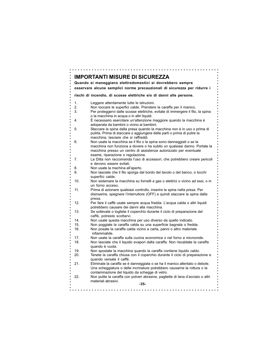 Importanti misure di sicurezza | DeLonghi DC54TC Series User Manual | Page 35 / 50