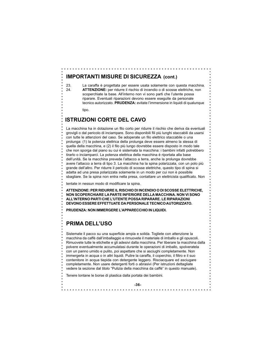 Importanti misure di sicurezza, Prima dell’uso istruzioni corte del cavo | DeLonghi DC54TC Series User Manual | Page 36 / 50