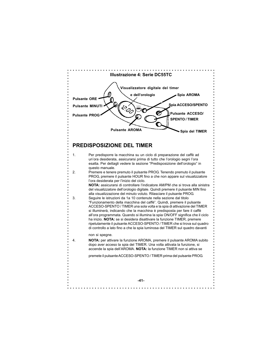 Predisposizione del timer | DeLonghi DC54TC Series User Manual | Page 41 / 50