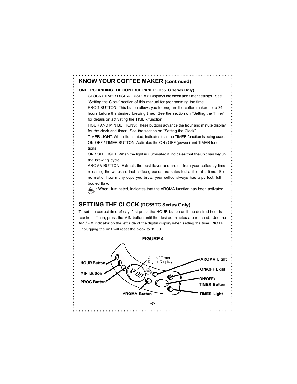 Know your coffee maker, Setting the clock | DeLonghi DC54TC Series User Manual | Page 7 / 50