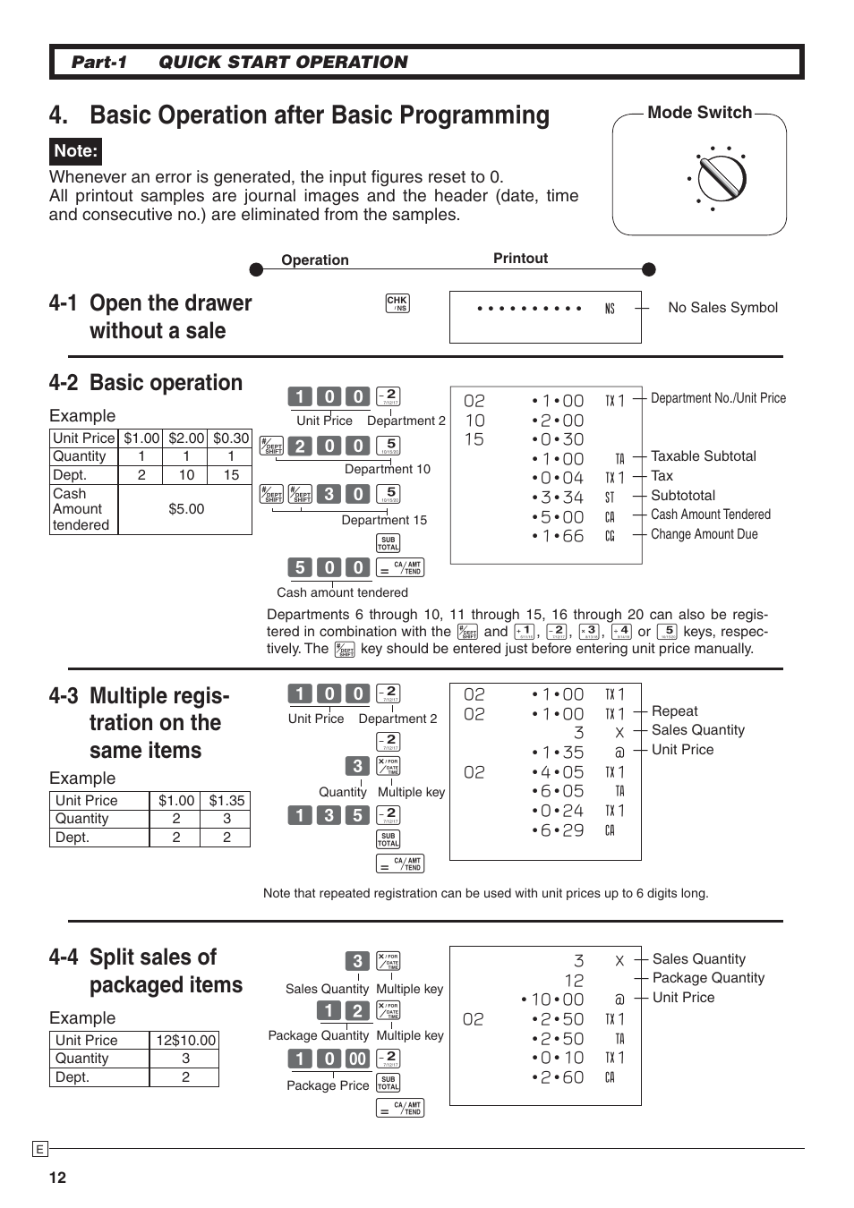 Basic operation after basic programming, 1 open the drawer without a sale | Casio PCR-272 Manual User Manual | Page 12 / 46