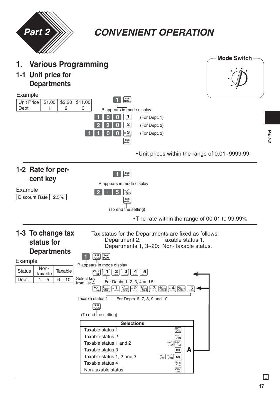 Convenient operation part 2, Various programming, 1 unit price for departments | 2 rate for per- cent key, 3 to change tax status for departments | Casio PCR-272 Manual User Manual | Page 17 / 46