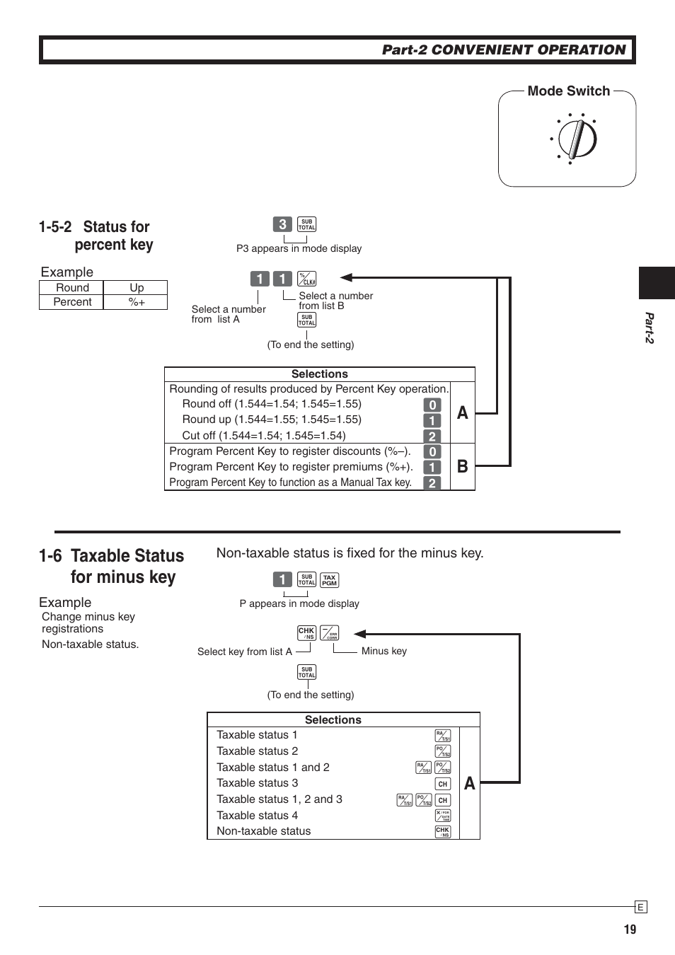 6 taxable status for minus key, 5-2 status for percent key | Casio PCR-272 Manual User Manual | Page 19 / 46