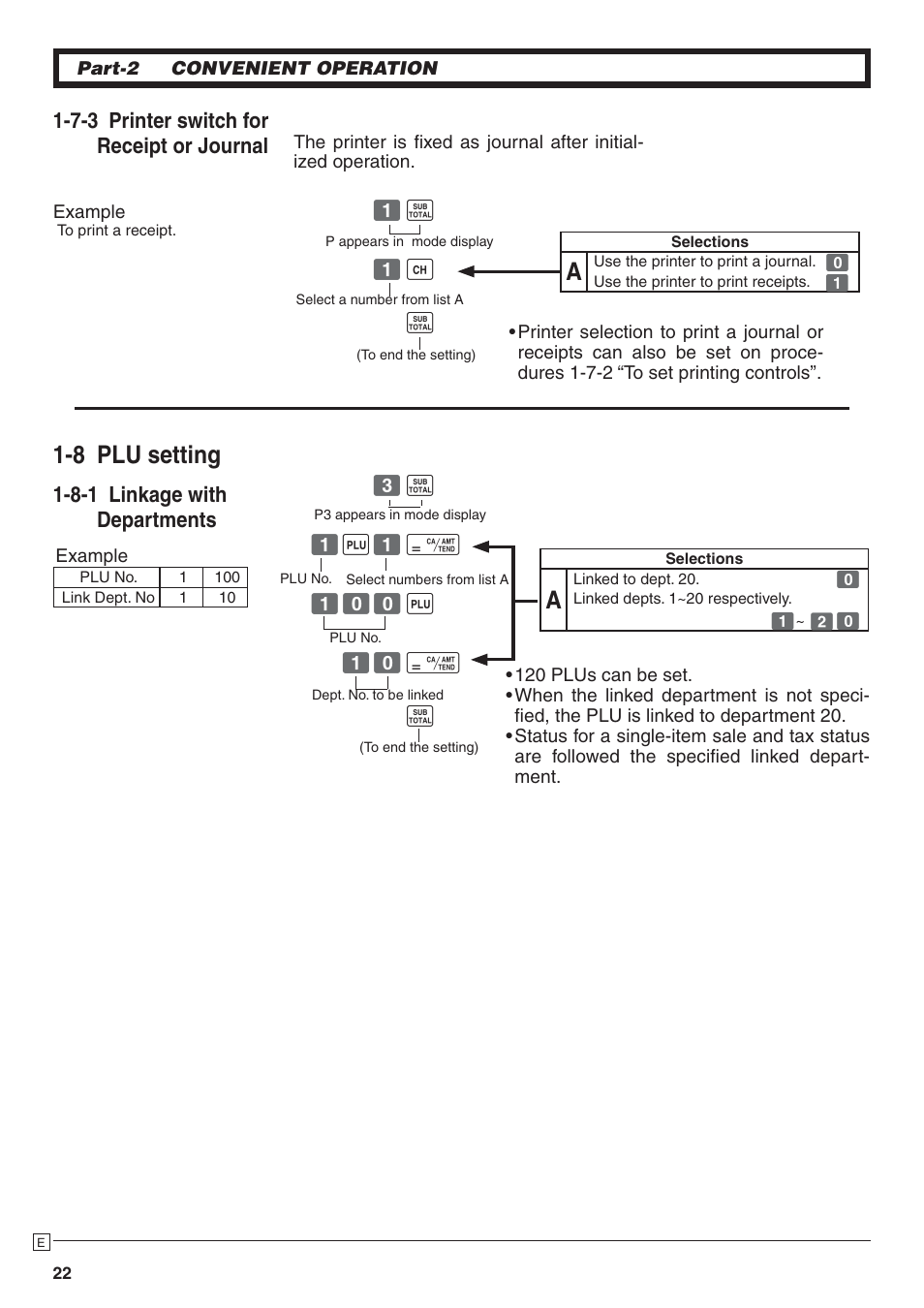 8 plu setting, 7-3 printer switch for receipt or journal, 8-1 linkage with departments | Casio PCR-272 Manual User Manual | Page 22 / 46