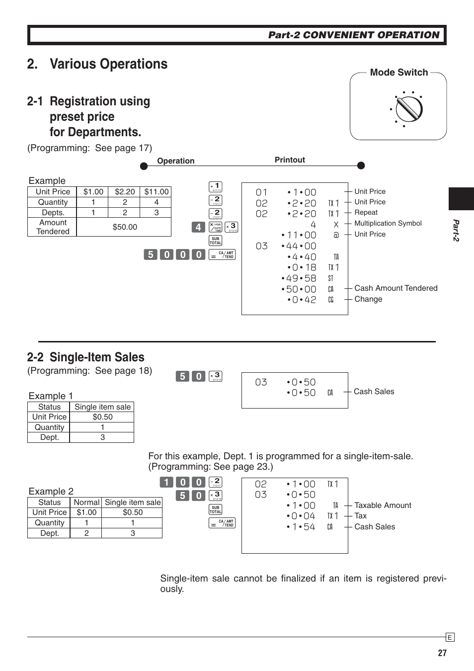 Various operations, 1 registration using preset price for departments, 2 single-item sales | Casio PCR-272 Manual User Manual | Page 27 / 46