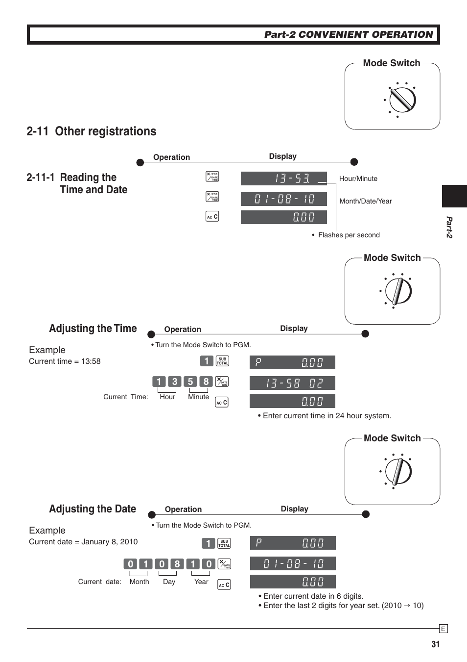 11 other registrations, 11-1 reading the time and date, Adjusting the time | Adjusting the date | Casio PCR-272 Manual User Manual | Page 31 / 46