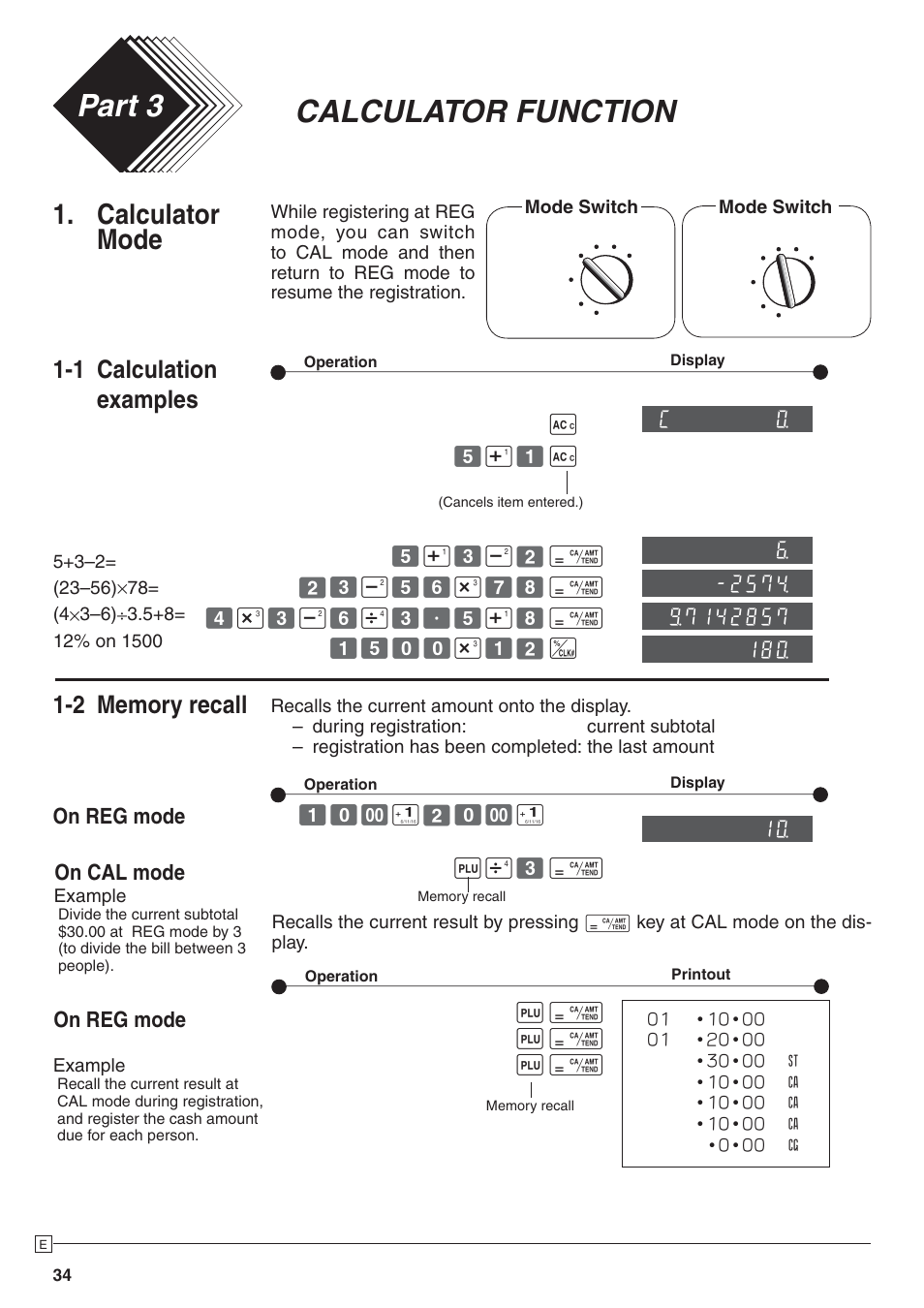 Calculator function part 3, Calculator mode, 1 calculation examples | On reg mode, On cal mode | Casio PCR-272 Manual User Manual | Page 34 / 46