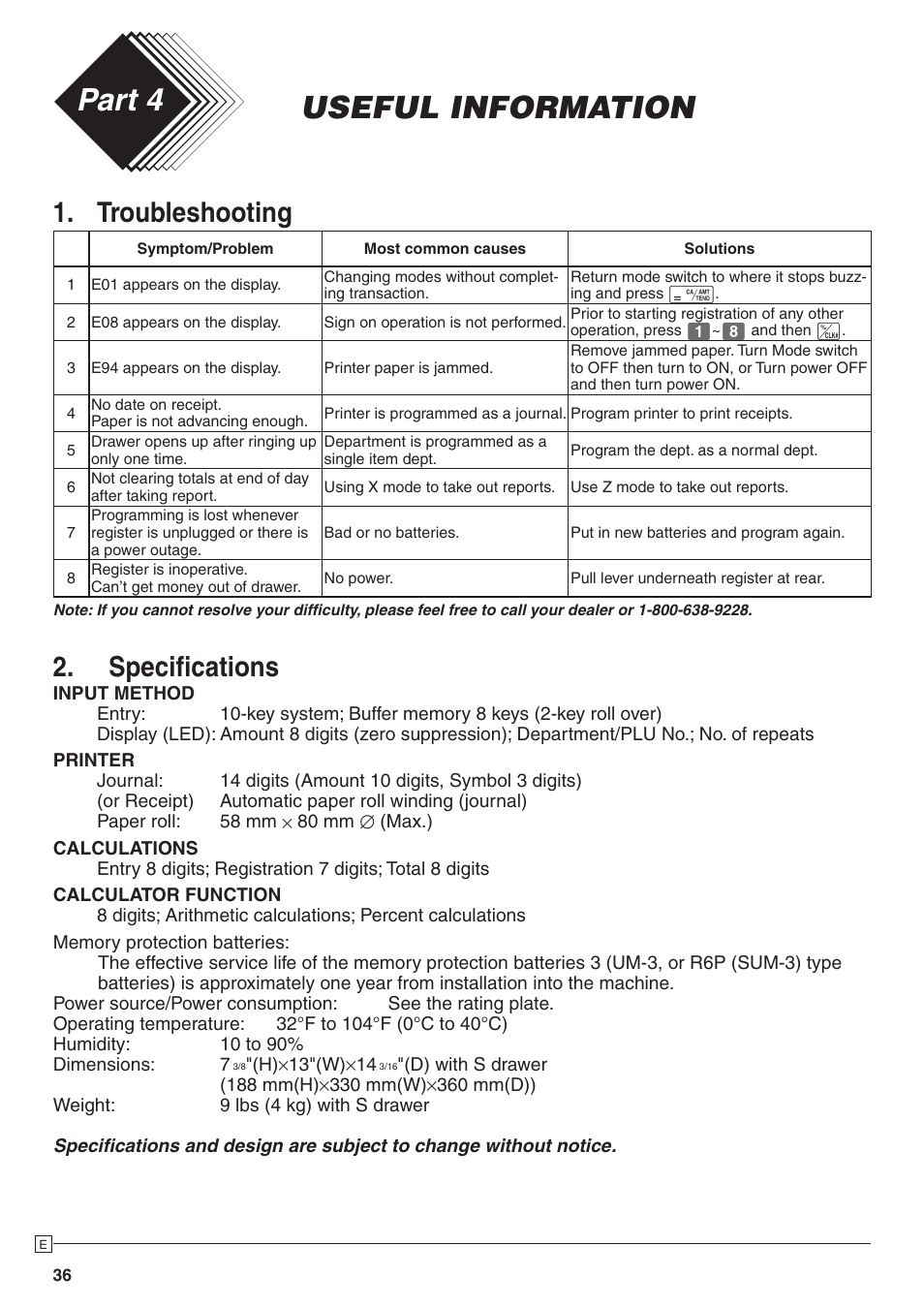 Useful information part 4, Troubleshooting, Specifi cations | Casio PCR-272 Manual User Manual | Page 36 / 46