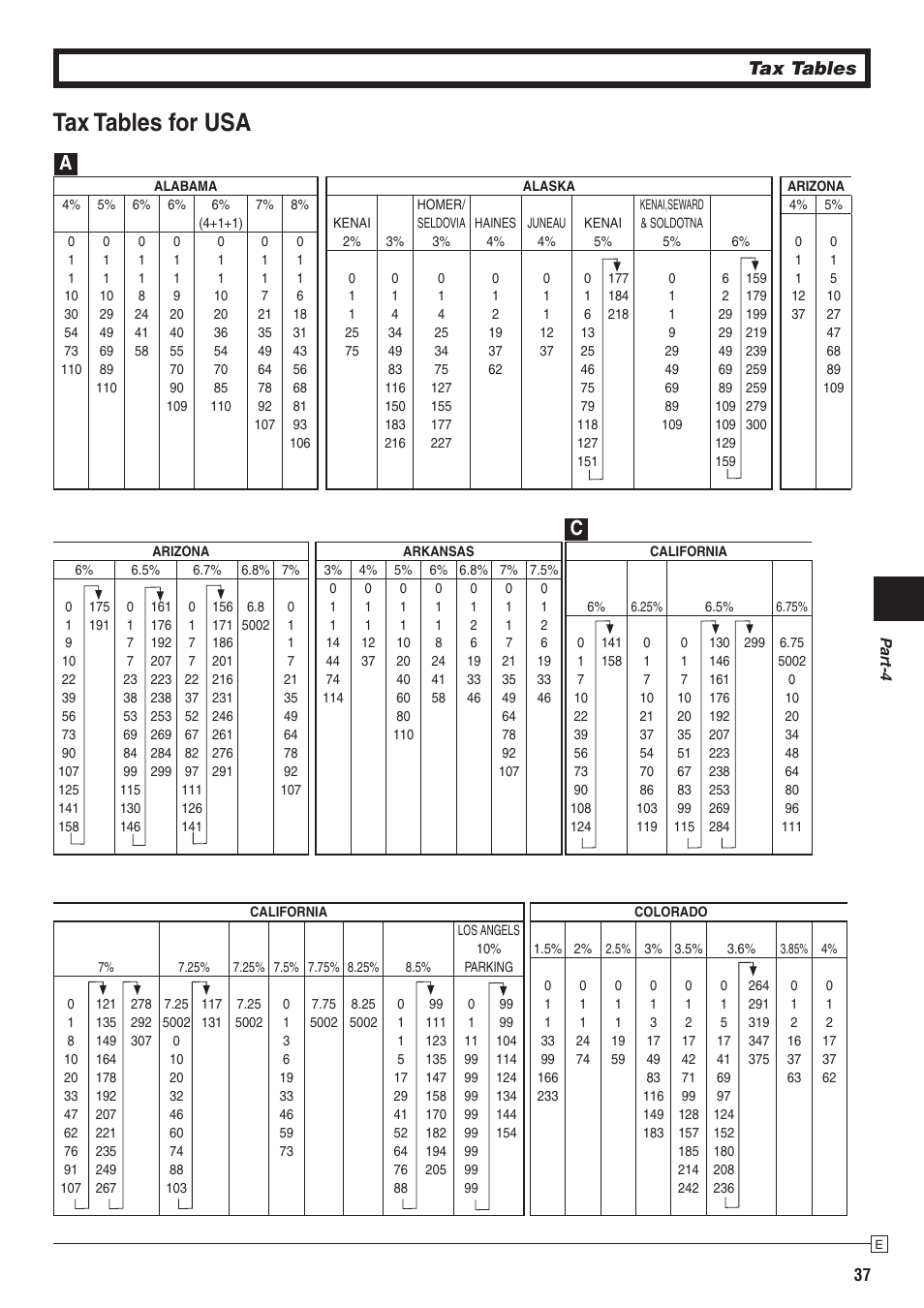 Tax tables for usa, Tax tables | Casio PCR-272 Manual User Manual | Page 37 / 46