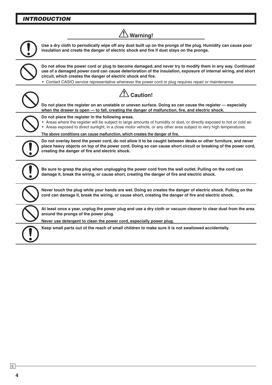 Introduction warning, Caution | Casio PCR-272 Manual User Manual | Page 4 / 46