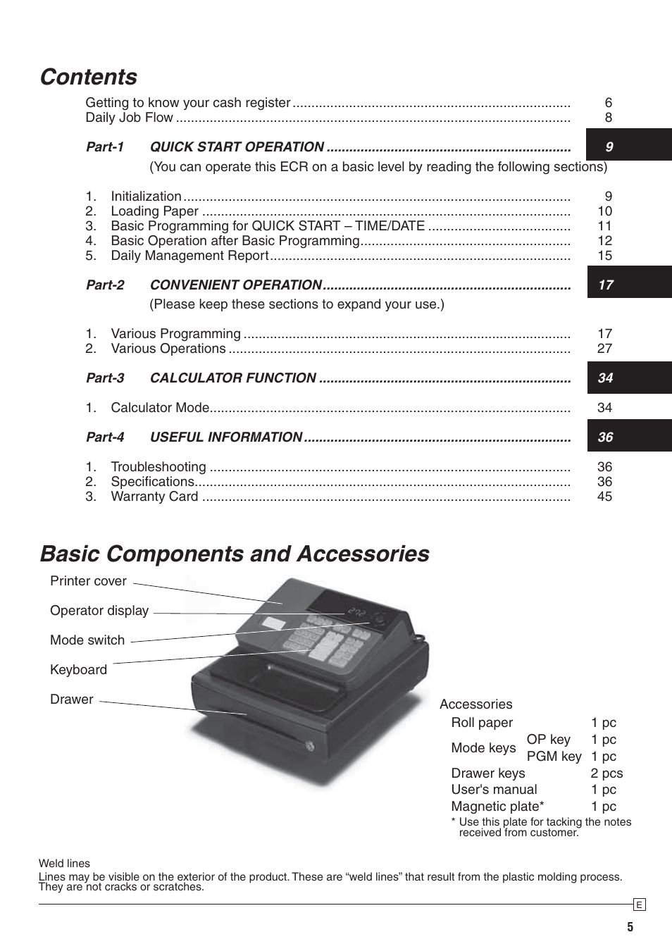 Basic components and accessories contents | Casio PCR-272 Manual User Manual | Page 5 / 46