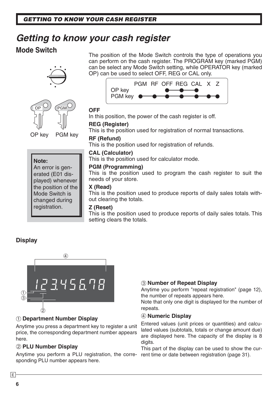 Getting to know your cash register, Mode switch | Casio PCR-272 Manual User Manual | Page 6 / 46