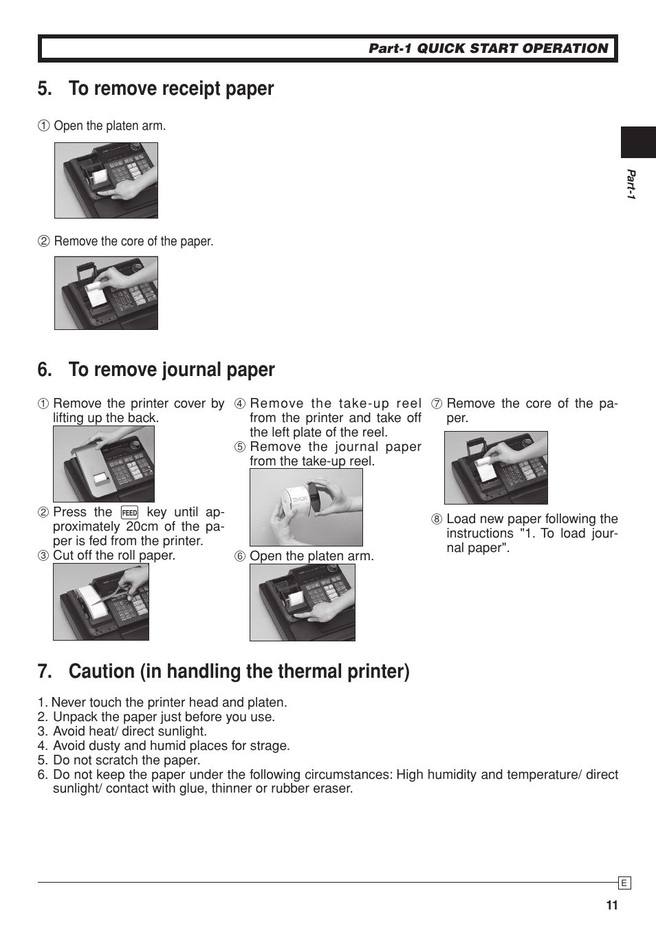 Caution (in handling the thermal printer) | Casio PCR-T280 User Manual | Page 11 / 46