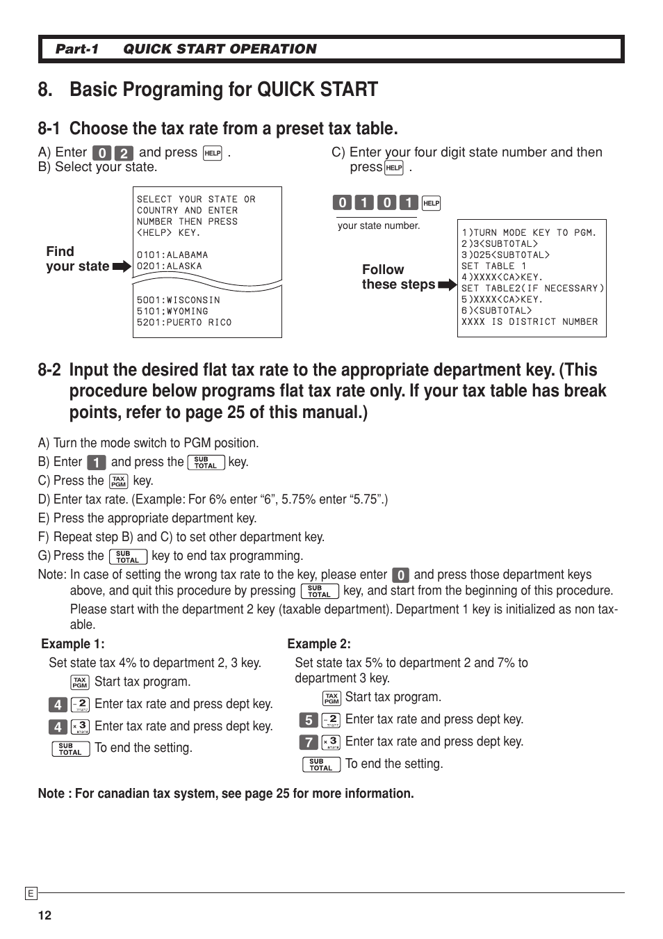 Basic programing for quick start, 1 choose the tax rate from a preset tax table | Casio PCR-T280 User Manual | Page 12 / 46