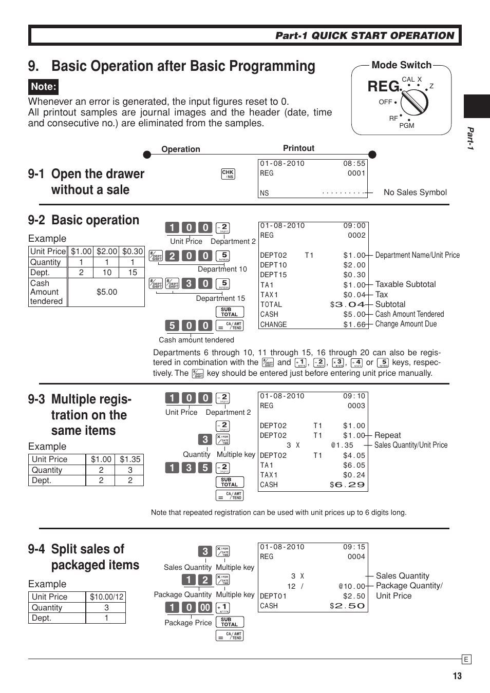 Pcrt280_e4, Basic operation after basic programming, 1 open the drawer without a sale | Casio PCR-T280 User Manual | Page 13 / 46