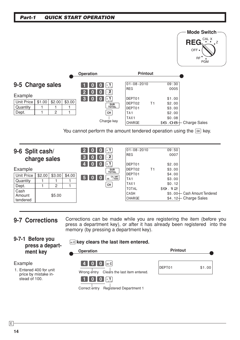 5 charge sales, 6 split cash/ charge sales, 7 corrections | 7-1 before you press a depart- ment key | Casio PCR-T280 User Manual | Page 14 / 46