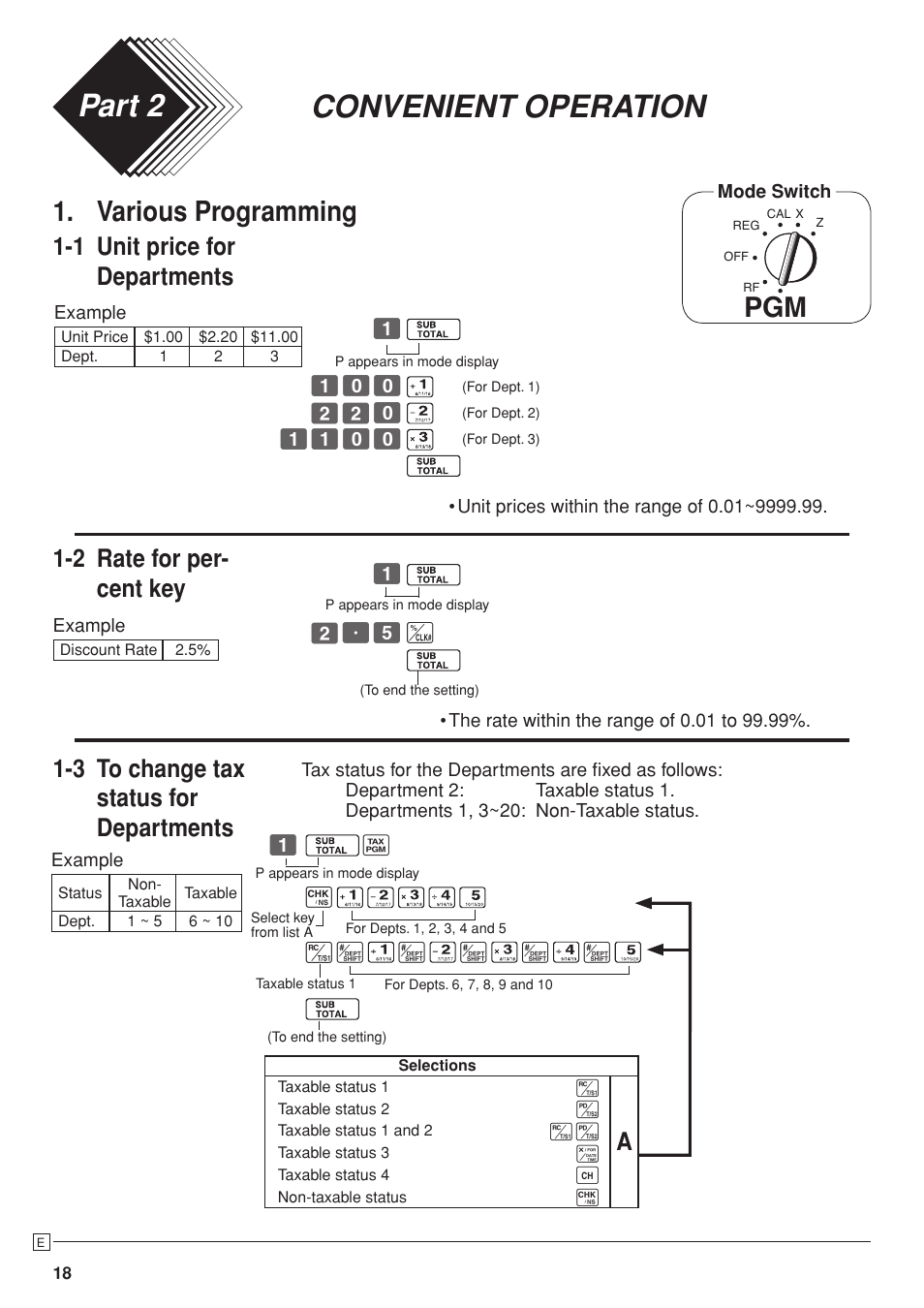 Pcrt280_e5, Convenient operation part 2, Various programming | 1 unit price for departments, 2 rate for per- cent key, 3 to change tax status for departments | Casio PCR-T280 User Manual | Page 18 / 46