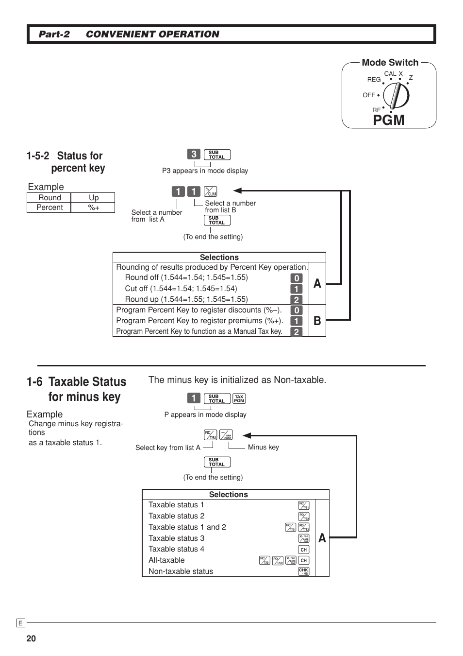 6 taxable status for minus key, 5-2 status for percent key | Casio PCR-T280 User Manual | Page 20 / 46