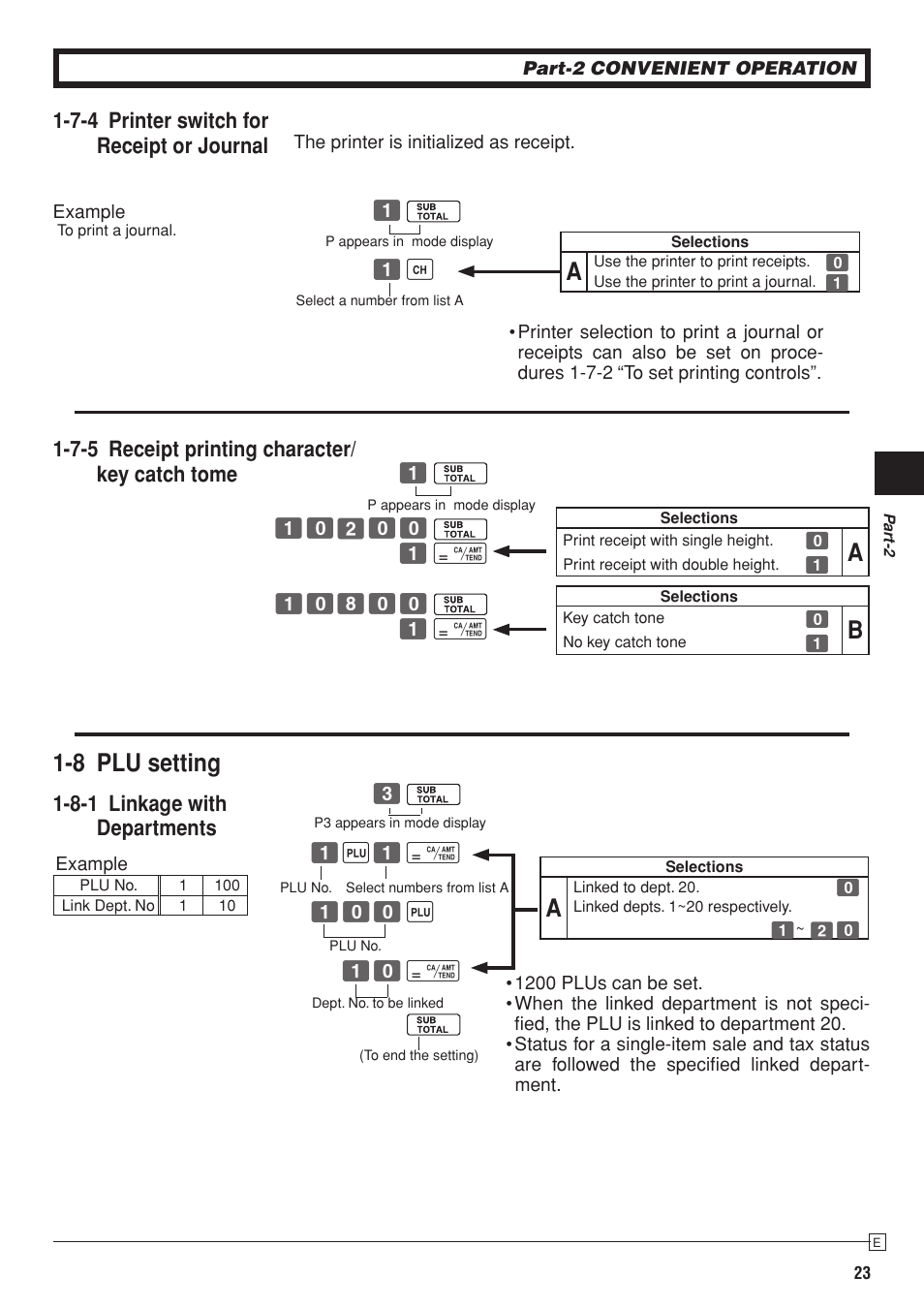 8 plu setting, 7-4 printer switch for receipt or journal, 8-1 linkage with departments | 7-5 receipt printing character/ key catch tome | Casio PCR-T280 User Manual | Page 23 / 46