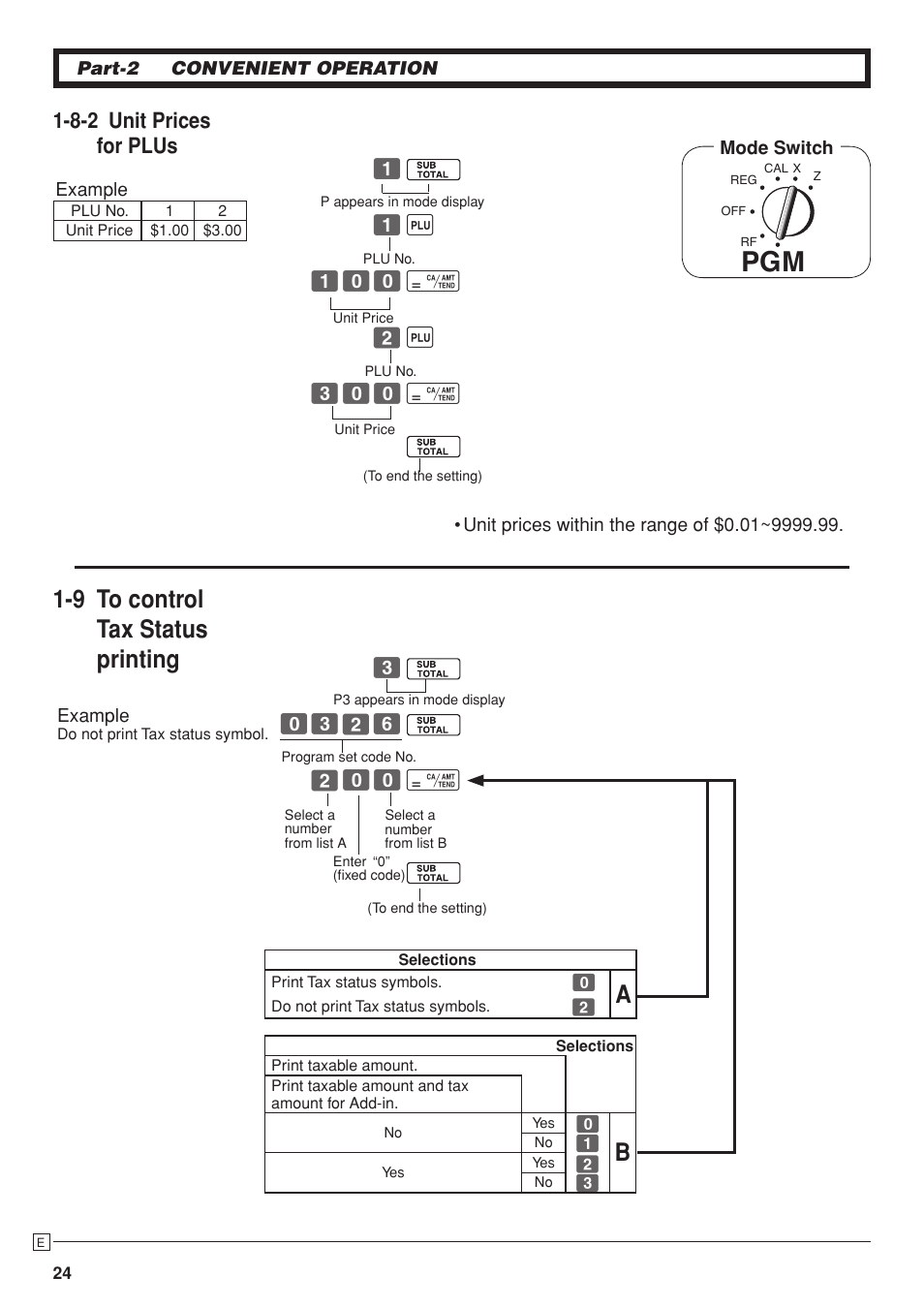 9 to control tax status printing, 8-2 unit prices for plus | Casio PCR-T280 User Manual | Page 24 / 46