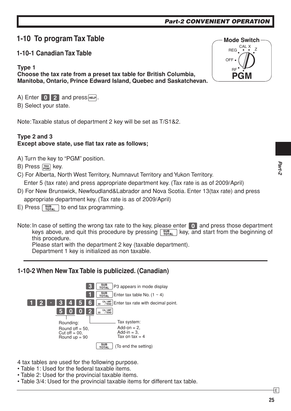 10 to program tax table, 10-1 canadian tax table, 10-2 when new tax table is publicized. (canadian) | Casio PCR-T280 User Manual | Page 25 / 46