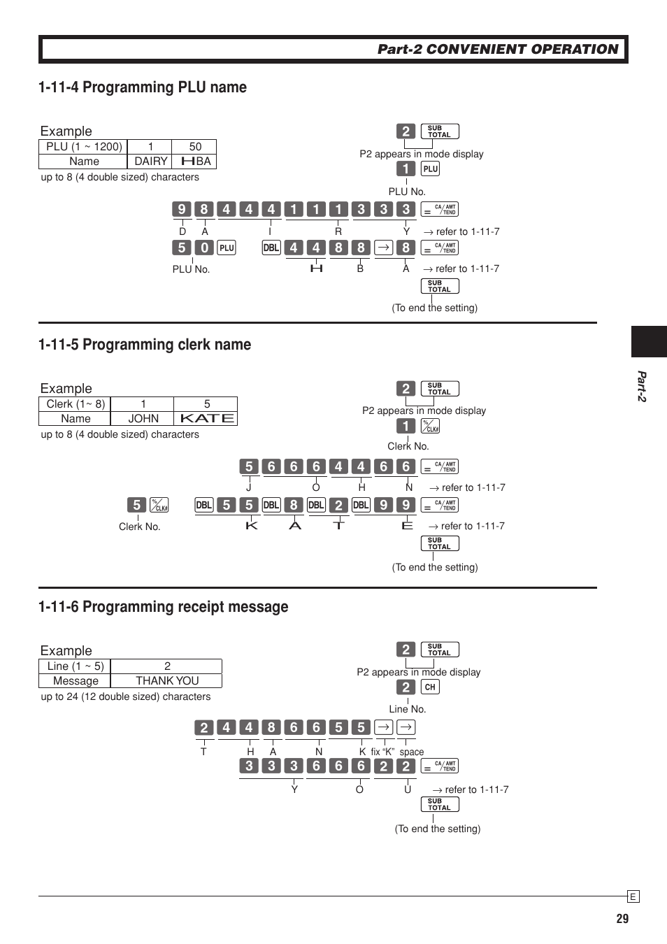 11-4 programming plu name, 11-5 programming clerk name, 11-6 programming receipt message | Casio PCR-T280 User Manual | Page 29 / 46